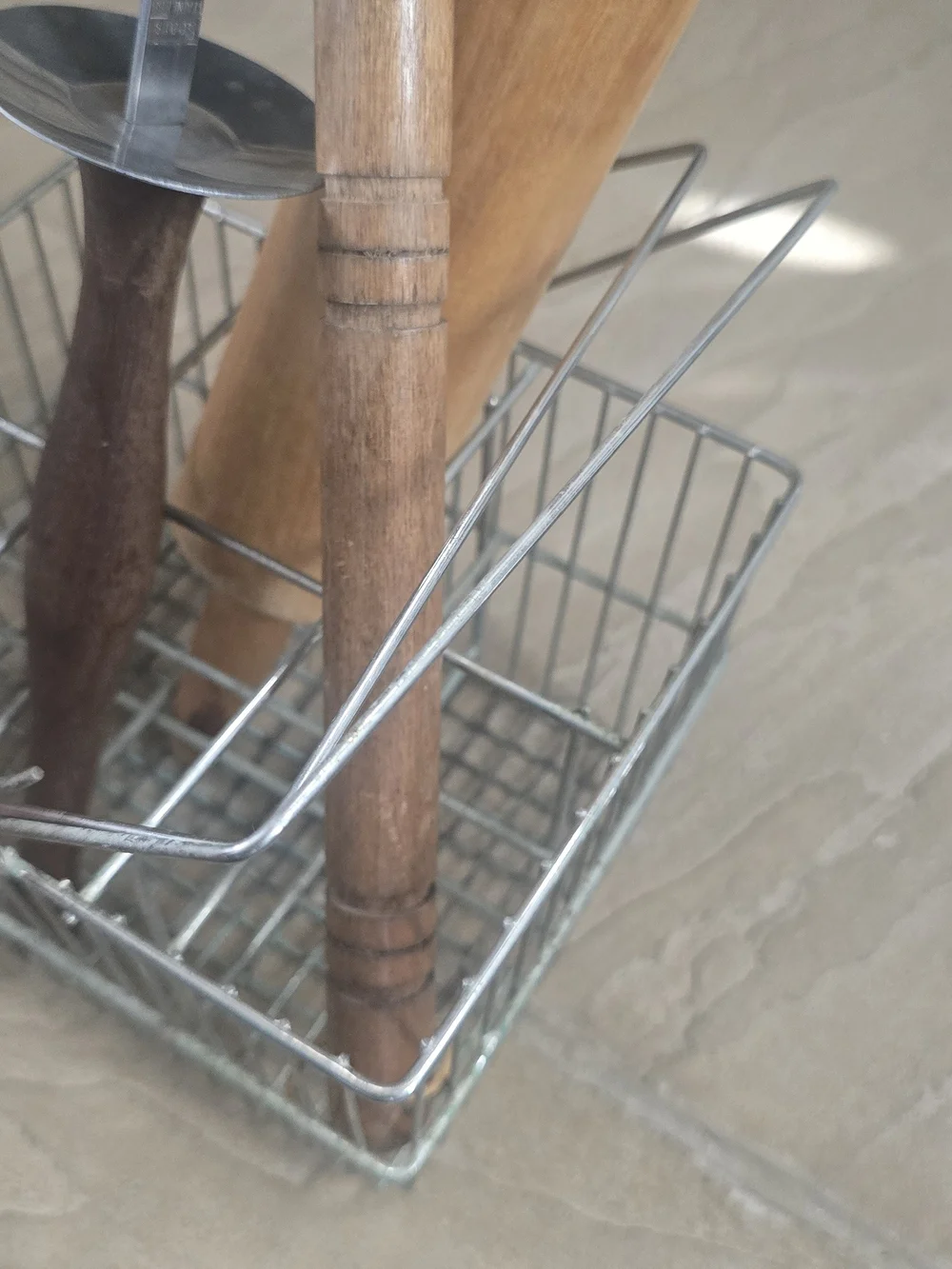 Wood and Metal Kitchen Utensil Items with Metal Storage Basket
